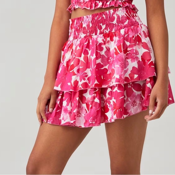 TIARE HAWAII OLIVIA Mini SKIRT in Fiji Flowers Pink Smocked Waistband XS/S - Picture 1 of 11